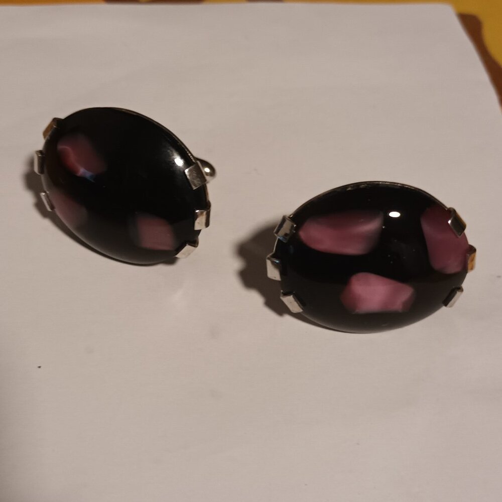 VINTAGE SWANK VERY LARGE PAIR OF BLACK AND PINK CUFFLINKS